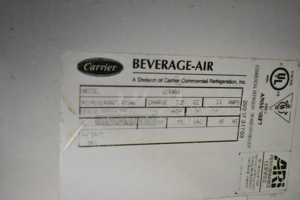 Beverage Air UCR48A tag showing model details, UL and ARI certification. Features R134a refrigerant, 115V, 1 phase.