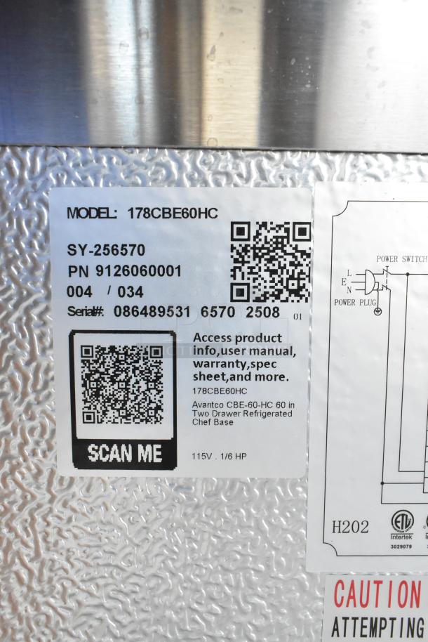 Brand new 2025 Avantco 178CBE60HC stainless steel 2-drawer chef base, commercial casters, 115V, 1 phase. Serial: 086489531.