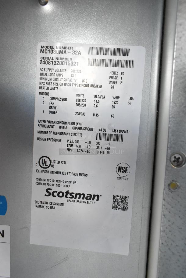 Scotsman MC1030MA-32A Stainless Ice Head, Scratch and Dent, 115V, 1 Phase, model info label, new condition.