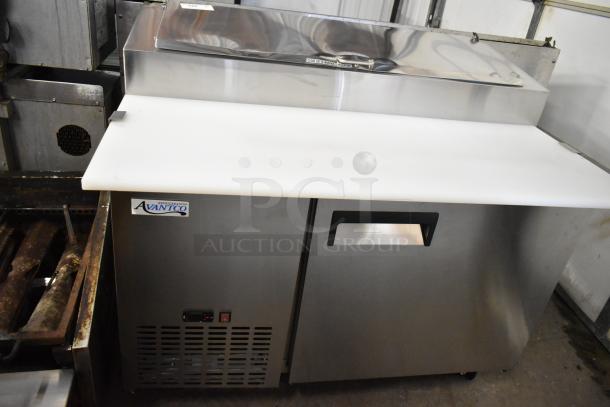 BRAND NEW Avantco 178APPT49HC stainless steel pizza prep table, scratch and dent, on commercial casters, 115V, 1 phase.