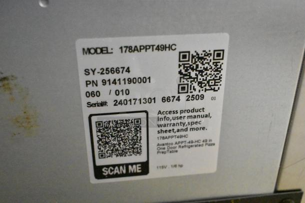 Alt text: Avantco 178APPT49HC stainless steel pizza prep table label; includes model number, serial number, and QR codes.