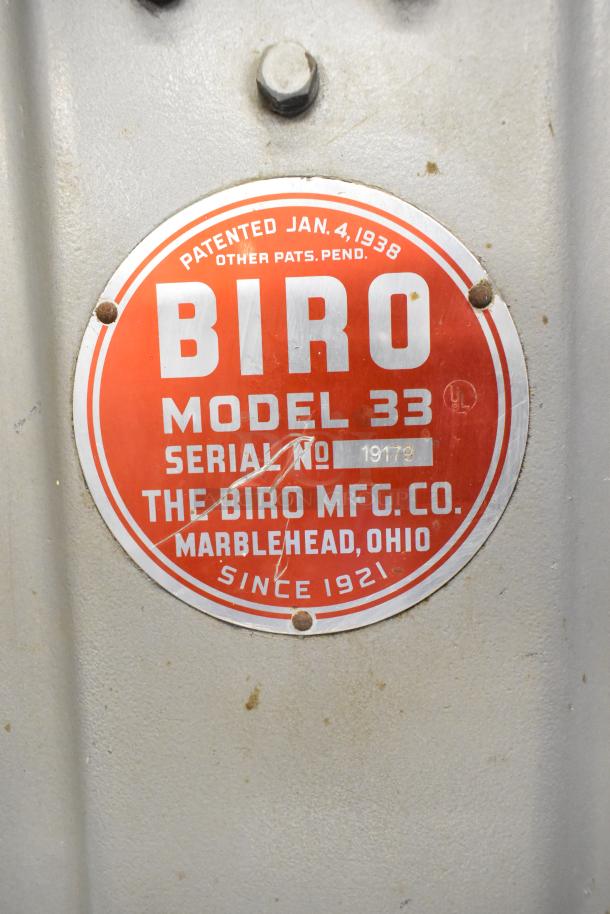 Biro Model 33 metal commercial meat saw with label indicating patent date of Jan. 4, 1938. Serial No. 19179.