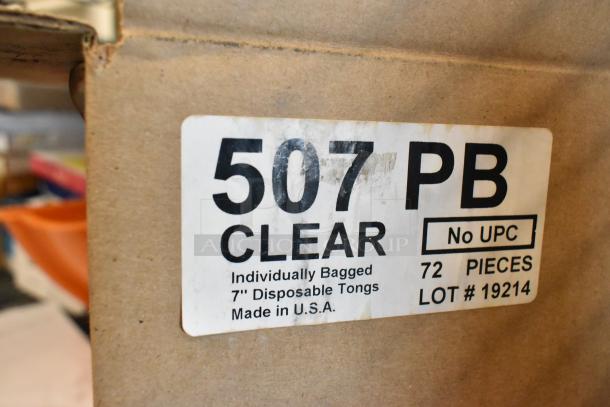 Box label for 507 PB clear 7" disposable tongs, 72 pieces, made in USA, individually bagged, Lot #19214, no UPC.