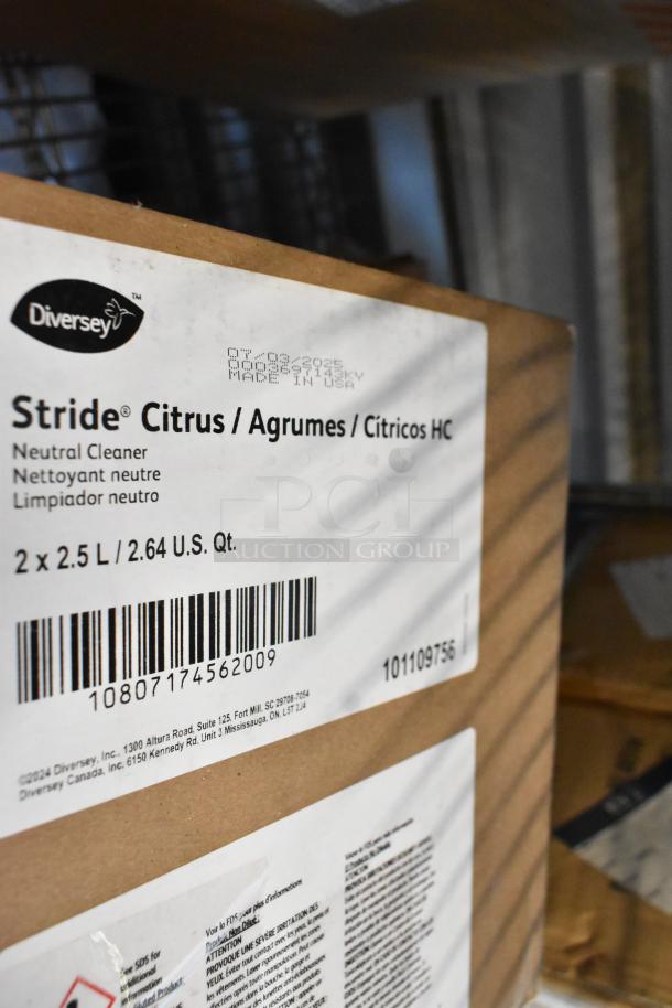 Diversey Stride Citrus Neutral Cleaner 2x2.5L carton, barcode 10807174562009, exp. 2025, on a shelf.
