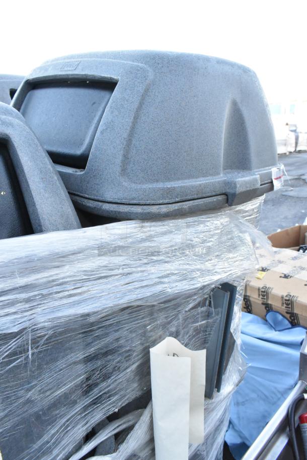 12 gray poly trash cans wrapped in plastic, stackable design, durable material, sold in bulk.