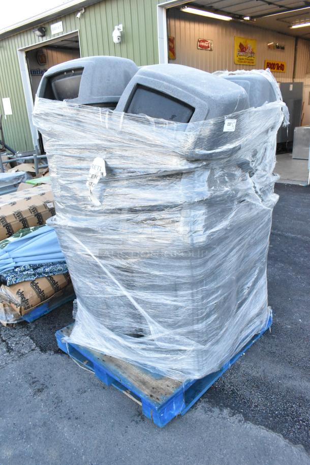 Twelve gray poly trash cans on a blue pallet, wrapped in plastic. Durable design, suitable for commercial use.