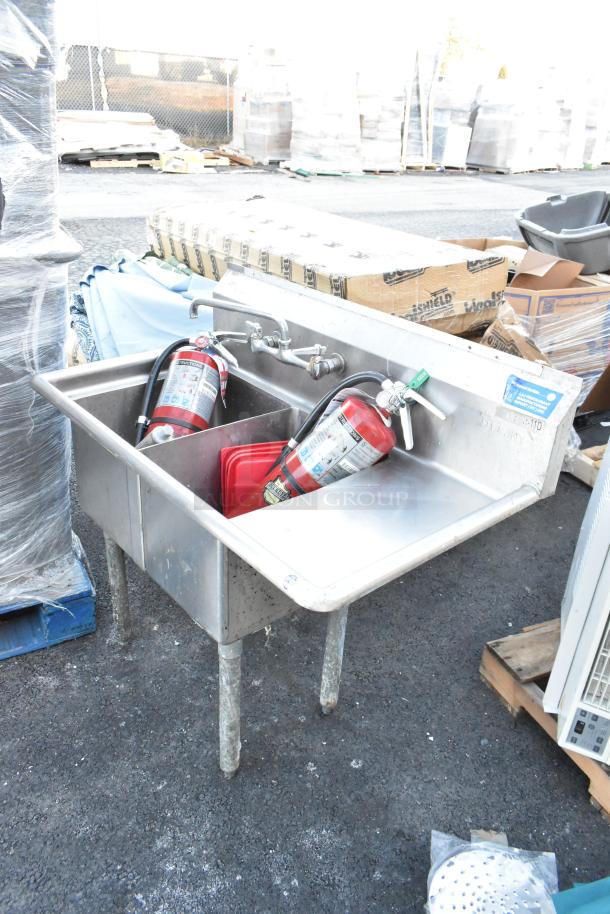 Stainless steel 2-bay sink with right drain board, includes 2 fire extinguishers, buyer pickup required, no shipping of extinguishers.