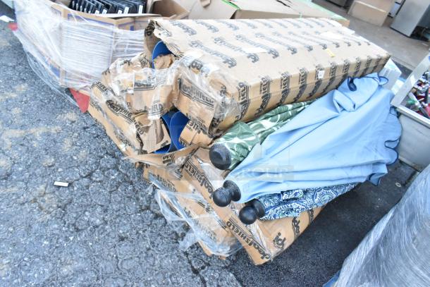 9 items including patio umbrellas and blue poly tubes in worn packaging, featuring various colors and patterns.