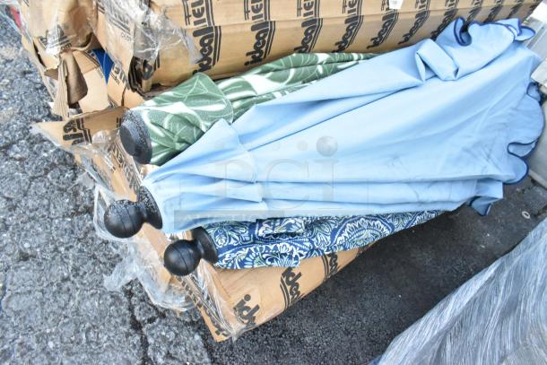 Nine various items including green, blue, and patterned patio umbrellas. Items appear new, packed in labeled boxes.