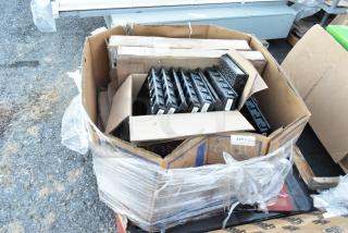 17 assorted items in a large box, including black cash drawer inserts. Condition appears used. Various labels visible.