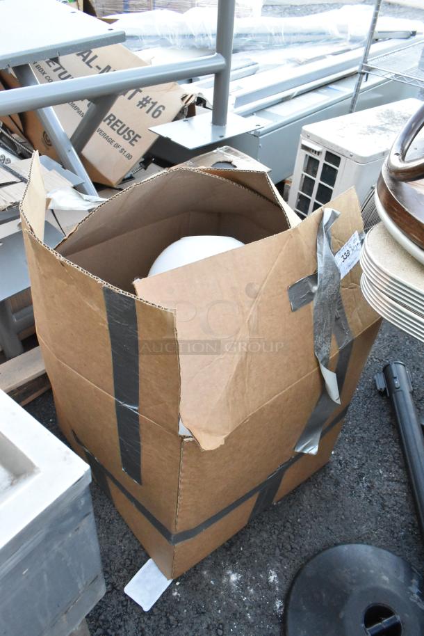 Cardboard box containing white light fixture shades, taped with visible auction label #393. Shipped as five pieces.
