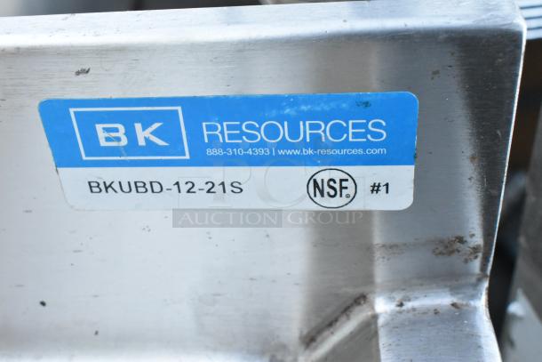 BK Resources BKUBD-12-21S stainless steel commercial drain board with NSF certification label, showing brand and model.