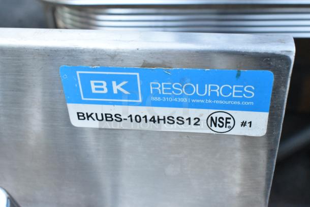 Stainless steel BK Resources single bay back bar sink, model BKUBS-1014HSS12, with faucet and handles. NSF certification visible.