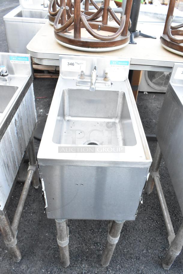 BK Resources BKUBS-1014HSS12 stainless steel back bar sink with faucet and handles, single bay, commercial use.