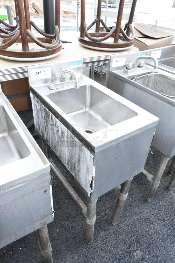 BK Resources BKUBS-1014HSS12 stainless steel commercial single bay back bar sink with faucet, visible wear on sides.