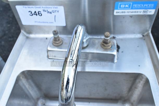 BK Resources stainless steel single bay back bar sink, model BKUBS-1014HSS12, with faucet and handles visible.