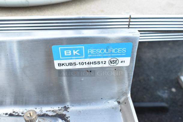 BK Resources stainless steel back bar sink, model BKUBS-1014HSS12, shown with a blue label, NSF certified.