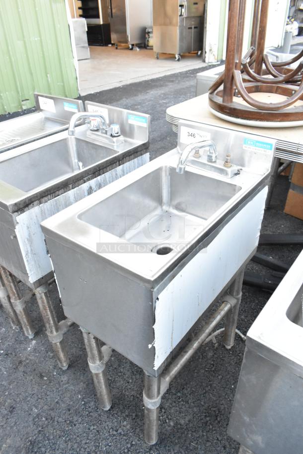 BK Resources stainless steel back bar sink, model BKUBS-1014HSS12, with faucet and handles, in good condition.