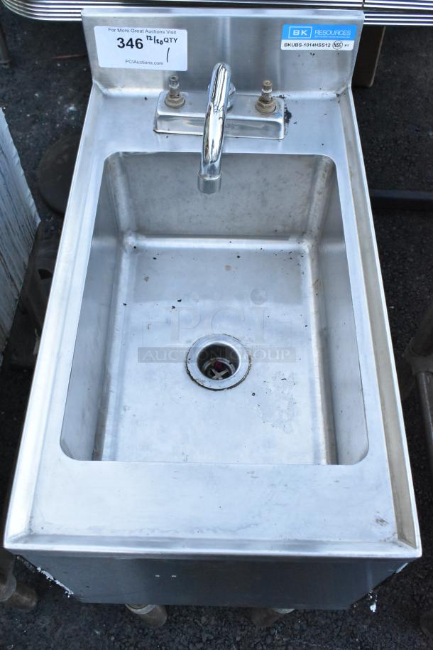 BK Resources BKUBS-1014HSS12 stainless steel single bay back bar sink with faucet and handles, visible wear, NSF label.