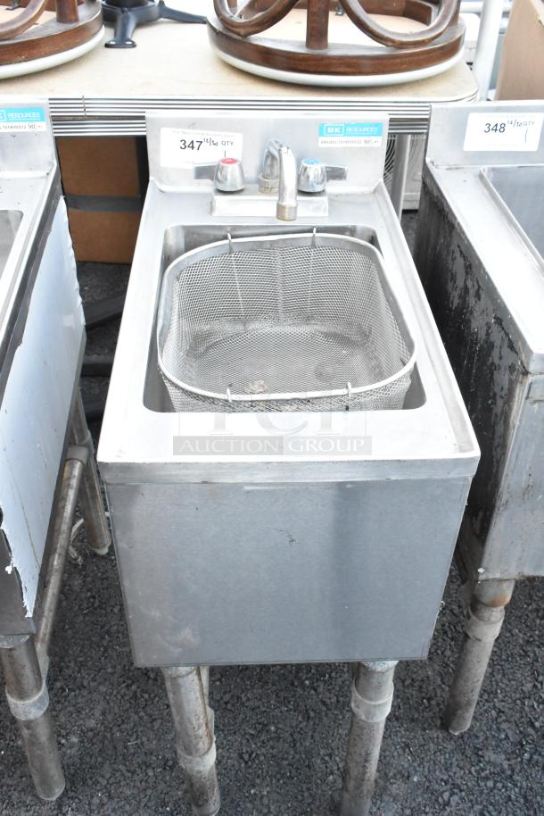 BK Resources BKUBS-1014HSS12 stainless steel single bay back bar sink with faucet, handles, and mesh strainer.