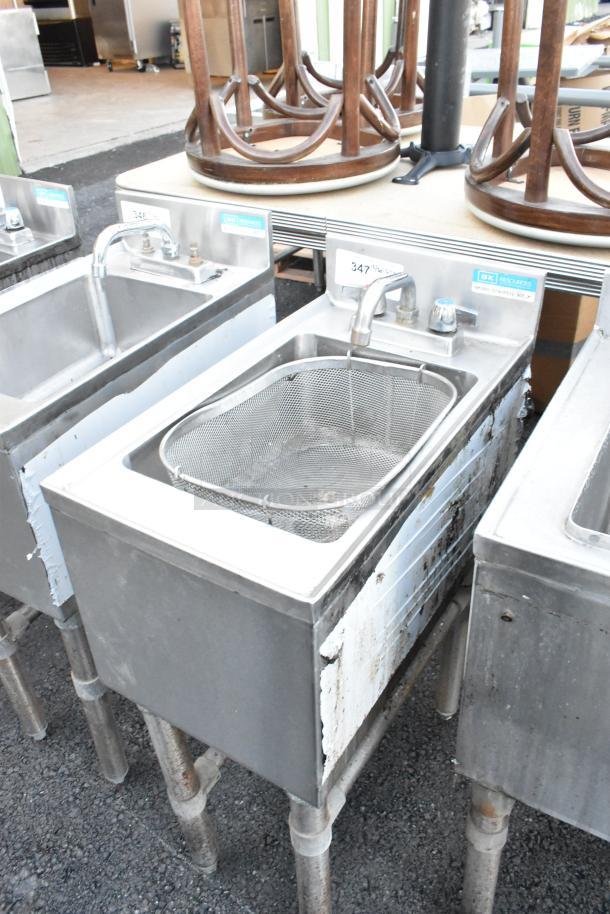 BK Resources BKUBS-1014HSS12 stainless steel back bar sink with faucet, single bay, commercial use, visible wear.