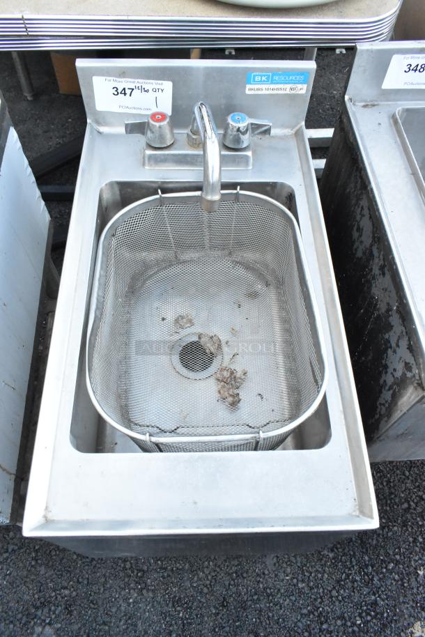 BK Resources stainless steel commercial back bar sink, model BKUBS-1014HSS12, with faucet and handles, includes mesh basket.