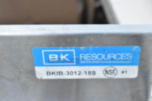 BK Resources BKIB-3012-18S stainless steel commercial ice bin, NSF certified, blue label with model name, high durability.
