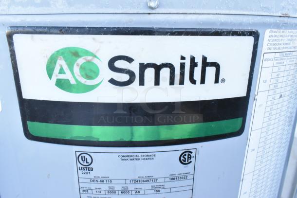 AO Smith DEN-80 110 commercial water heater, 208 volts, 1/3 phase. Visible logo and specifications label.