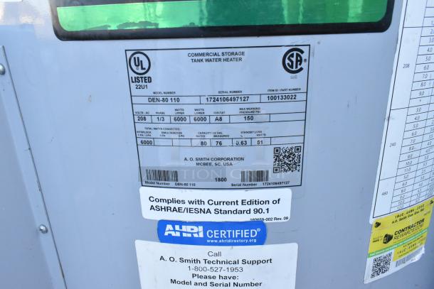 AO Smith DEN-80 110 metal commercial storage tank water heater, 208V, 1/3 Phase, UL listed, AHRI certified label visible.