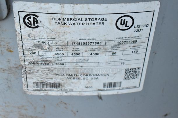 AO Smith LTE-80D 200 commercial water heater label, showing model and serial numbers, 240 volts, 80-gallon capacity.