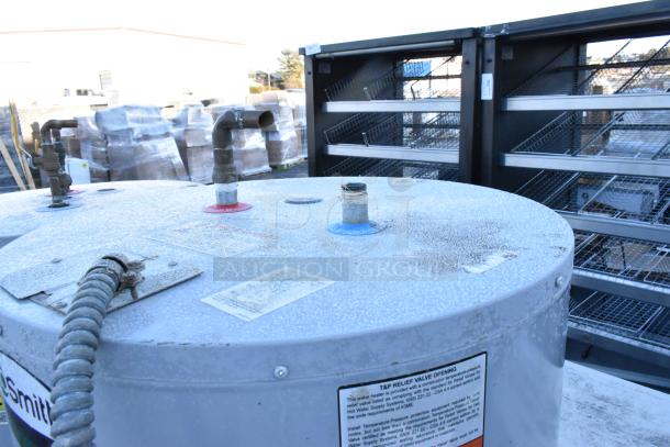 AO Smith LTE-80D 200 metal commercial water heater, 240V, 1 phase, outdoor view. Visible fittings and AO Smith branding.