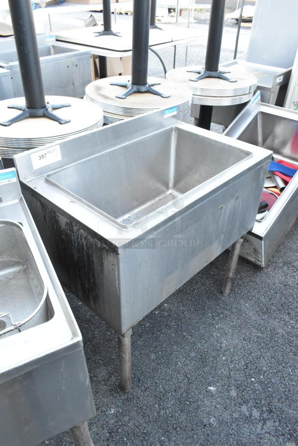 BK Resources BKIB-3012-18S stainless steel ice bin with legs, moderate wear, auction tag visible, model clearly marked.