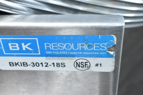 BK Resources BKIB-3012-18S stainless steel ice bin, missing left side legs, NSF certified. Label shows model and contact info.