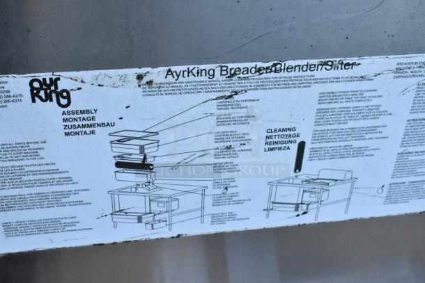 Ayr King stainless steel commercial breader/blender/sifter table with instruction label detailing assembly and cleaning. Good condition.