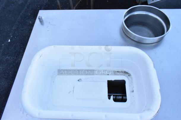Ayr King stainless steel commercial breader/blender/sifter table, featuring a white plastic sifter compartment and metal bowl, in used condition.
