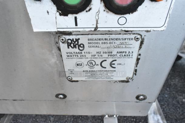 Ayr King stainless steel commercial breader/blender/sifter table, model BBS-EC1, 265 watts, used condition, visible wear.