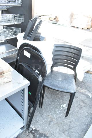 Auction lot with white poly trash cans, black poly chairs, and black metal folding chairs. Some items show light wear.