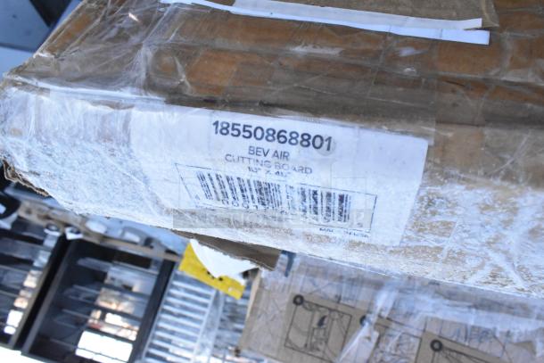 Cardboard box with label showing "18550868801, Bev Air Cutting Board, 10"x 4.5"." Markings indicate brand and dimensions.