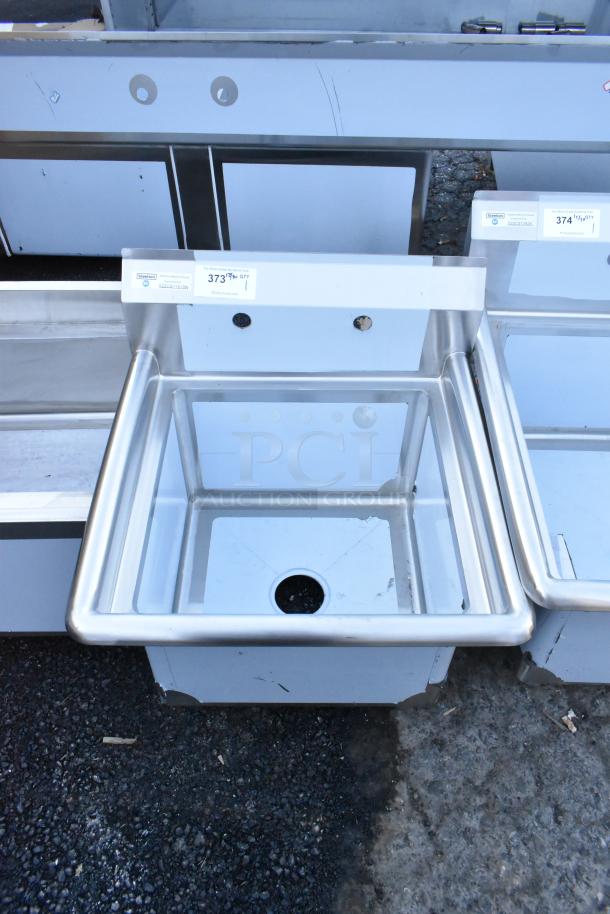 Steelton 522CS11818N stainless steel single bay sink, brand new scratch and dent, no legs, visible label with item info.