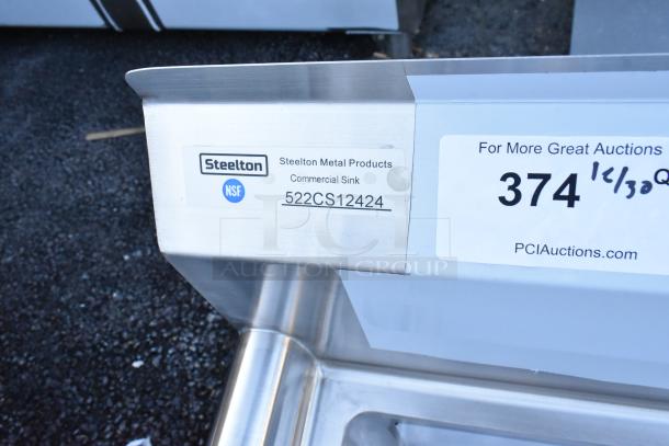 Steelton 522CS12424 stainless steel single bay sink, scratch and dent, brand new, no legs, NSF certified label visible.