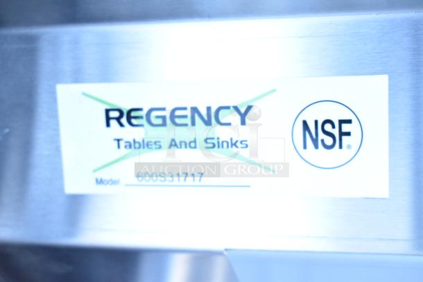 Regency 600S31717 stainless steel three-compartment sink, scratch and dent, no legs, NSF certified, model shown on label.