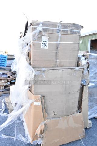 Large box with visible damage and plastic wrap; contains 10 scratch-and-dent items including stand, trash can lid, sheet rack.