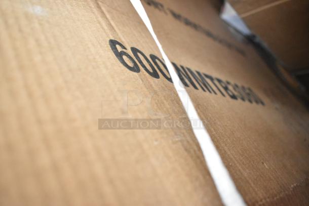 Cardboard box labeled "600 WNTB6800" for lot of 10 new scratch and dent items, including equipment stand and trash can lid.