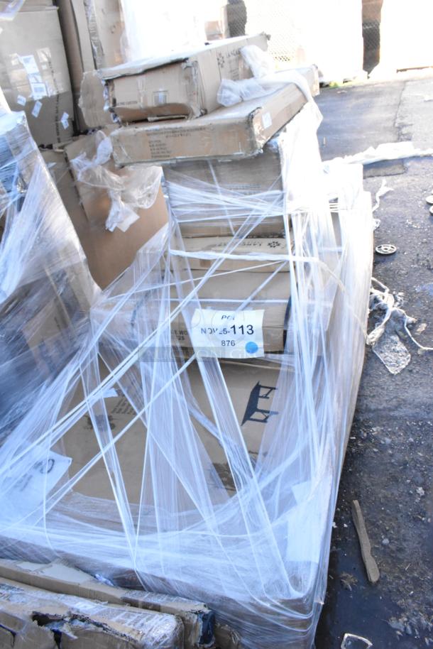 Pallet of seven new scratch and dent items, includes sink, folding table, work table, in packaging with visible labels.