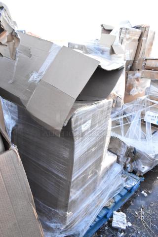 Bulk lot of six brand new items in original packaging, includes a dump sink and red stools. Minor cosmetic damage visible.