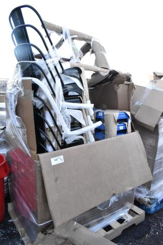 Brand new scratch and dent items on pallet, including black and white chairs and a work table, wrapped in plastic.