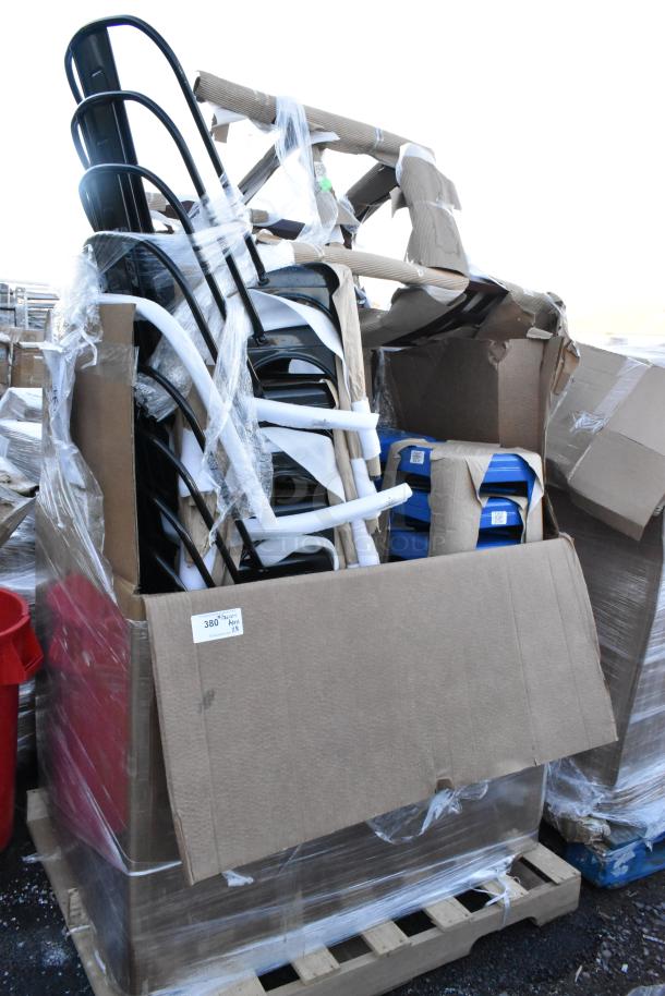 18 brand new scratch and dent items including stacked black and white chairs in a partially opened cardboard box, visible wear.