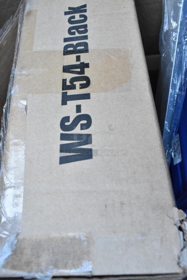 Cardboard box marked "WS-T54-Black," containing brand new scratch and dent items like chairs and work table.