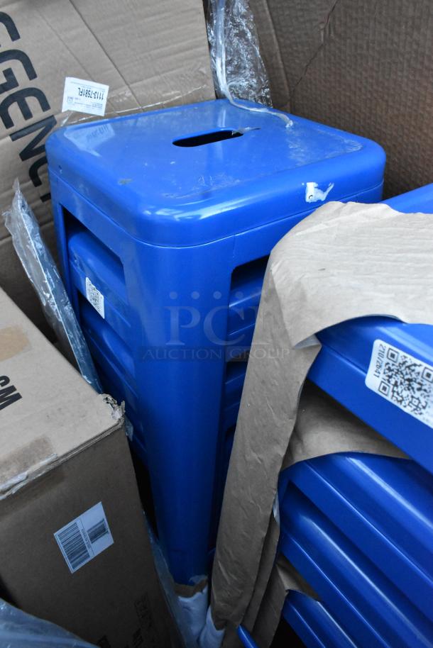 Blue stackable chairs with minor scratches and dents. Includes 18 new items. Visible QR codes and labels for identification.