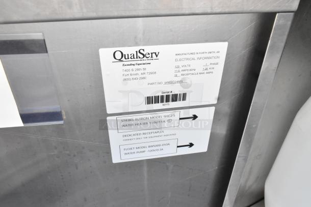 QualServ stainless steel portable sink with commercial casters. Features include 120 volts, 1 phase. Includes labels with model details.